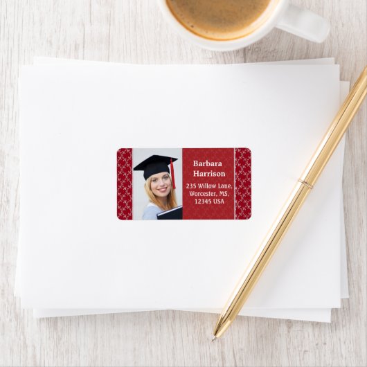 Damast rood wit Afstuderen foto Etiket (Insitu)