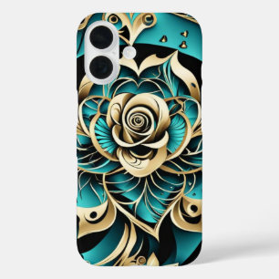 Damast Roos Blauwgroen, Goud en Zwart iPhone 16 Hoesje