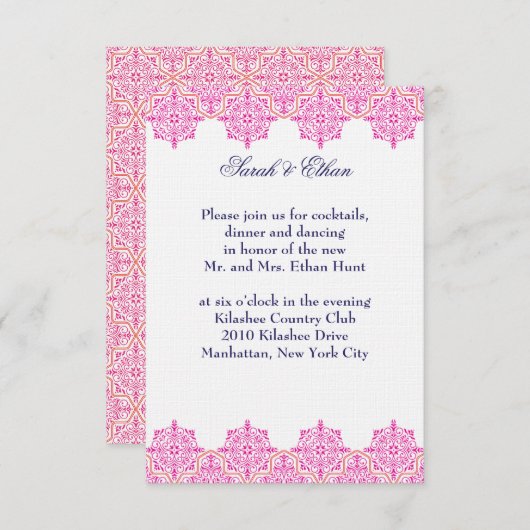 Damast roze en oranje trouw ontvangstkaarten kaart (Voorkant / Achterkant)