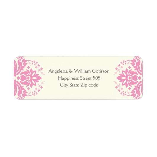 Damast roze, grijs, ivoor bruiloft etiket (Voorkant)