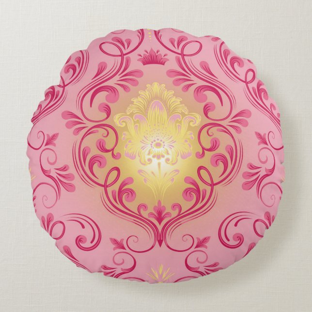 Damast Roze, Rood, en Geel Rond Kussen (Voorkant)
