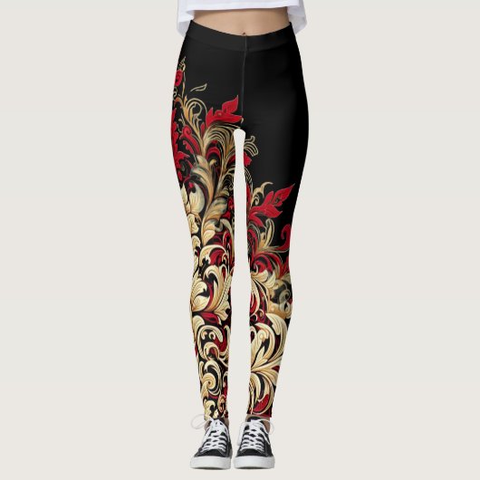 Damast stijl rood en zwart leggings (Voorkant)