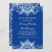 Damast toile swirl save the dates koningsblauw kaart (Voorkant / Achterkant)