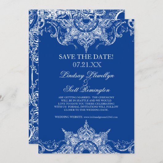Damast toile swirl save the dates koningsblauw kaart (Voorkant / Achterkant)