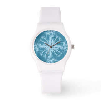 Damast Tropische Bloesems op Marine Blue Horloge