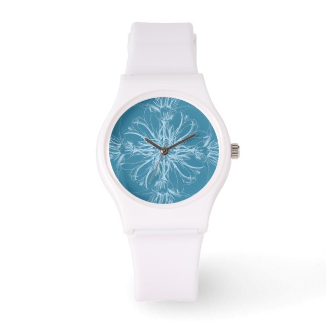 Damast Tropische Bloesems op Marine Blue Horloge (Voorkant)