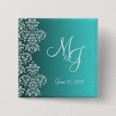 Damast Turquoise Trouw Knop Vierkante Button 5,1 Cm (Voorkant)