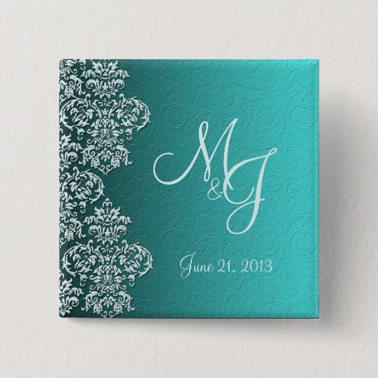 Damast Turquoise Trouw Knop Vierkante Button 5,1 Cm (Voorkant)