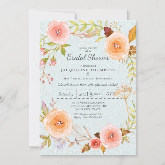 Damast Typografie Blauw en Roze Bloemenkrans Bruid Kaart (Voorkant)