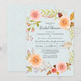 Damast Typografie Blauw en Roze Bloemenkrans Bruid Kaart