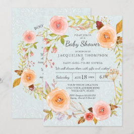 Damast Typografie Blauw en Roze Waterverf Bloemen Kaart