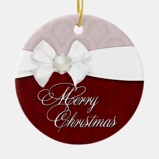 Damast Witte Satijn Prettig Kerstfeest Keramisch Ornament (Voorkant)