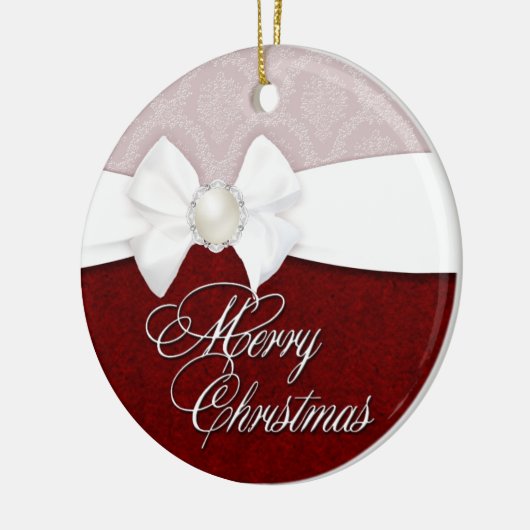 Damast Witte Satijn Prettig Kerstfeest Keramisch Ornament (Links)