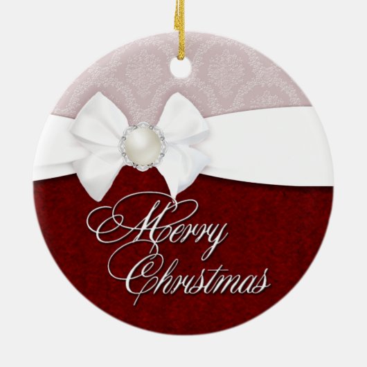Damast Witte Satijn Prettig Kerstfeest Keramisch Ornament (Achterkant)