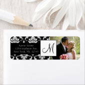 Damast Zwart Monogram Foto Bruiloft Adresetiketten Etiket (Insitu)