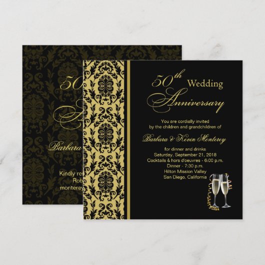 Damast zwart op goud 50ste huwelijksverjaardag kaart (Voorkant / Achterkant)
