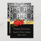 Damast zwart, rode roos 50ste huwelijksjubileum kaart (Voorkant / Achterkant)