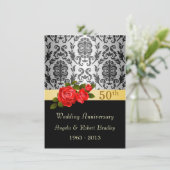 Damast zwart, rode roos 50ste huwelijksjubileum kaart (Staand voorkant)