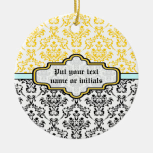 Damast zwart wit geel aqua ornament