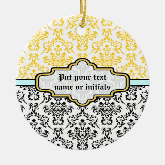 Damast zwart wit geel aqua ornament (Voorkant)