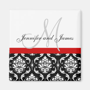 Damast Zwart Wit Rood Monogram Namen Magneet