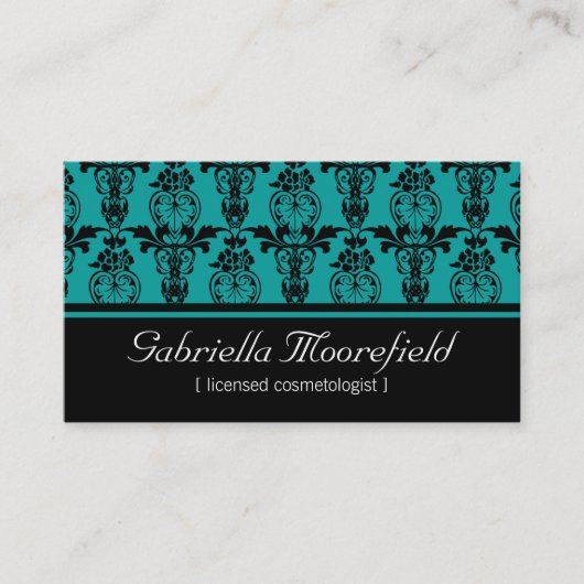 Damast Zwarte Blauwgroen Cosmetologist Visitekaartje (Voorkant)