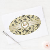 Damast zwarte bloemen op goud Bruiloft Jubileum Ovale Sticker (Envelop)