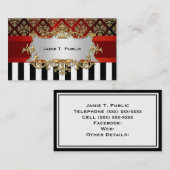 Damast, zwarte witte streep, rood lint, gouden lab visitekaartje (Voorkant / Achterkant)