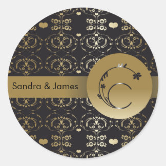 DAMASTE BLOEMEN LETTER C MONOGRAM GOUD ZWART RONDE STICKER