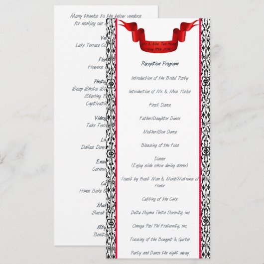 Damasten bruiloftsreceptieprogramma programmakaart (Voorkant / Achterkant)