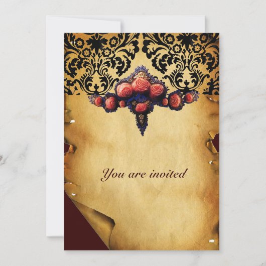 DAMASTEN PARCHMENT EN ROZE KORAALROZEN KAART (Voorkant)