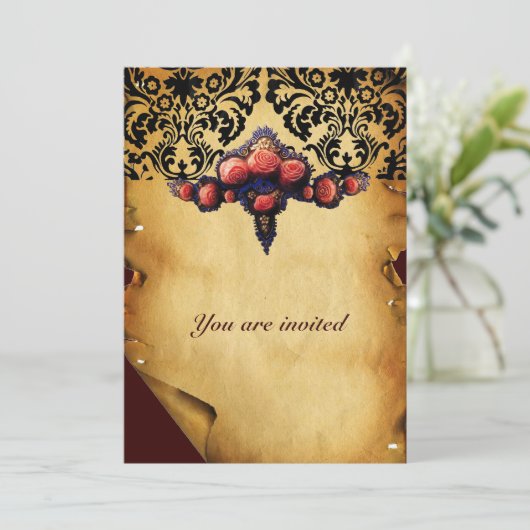 DAMASTEN PERKAMENT EN ROZE KORAALROZEN KAART (Staand voorkant)