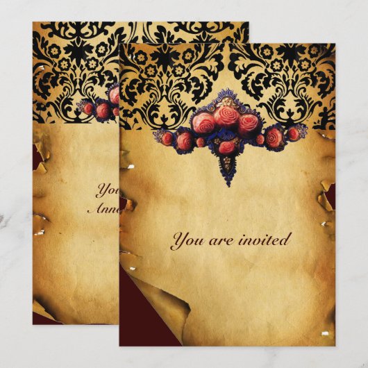 DAMASTEN PERKAMENT EN ROZE KORAALROZEN KAART (Voorkant / Achterkant)