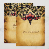 DAMASTEN PERKAMENTPAPIER EN ROZE KORAALROZEN KAART (Voorkant / Achterkant)