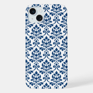 Damastpatroon Feuille donkerblauw op wit iPhone 15 Plus Case