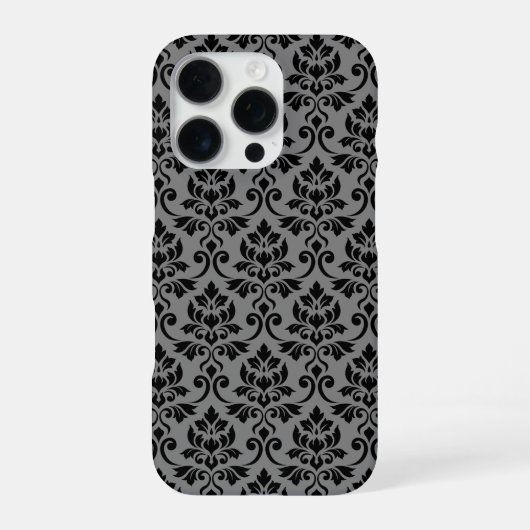Damastpatroon Feuille Zwart op Grijs iPhone Hoesje (Achterkant)