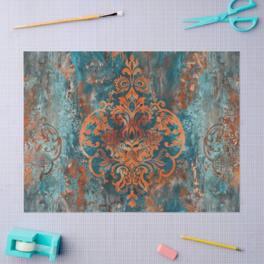  damastpatroon Koper Blauwgroen decoupage Tissuepapier (Craft)