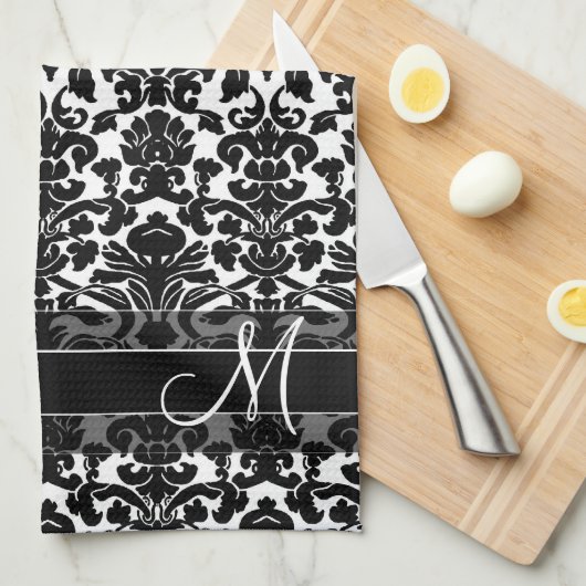 Damastpatroon met monogram - Zwart en Wit Theedoek (Quarter Fold)
