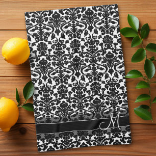Damastpatroon met monogram - Zwart en Wit Theedoek