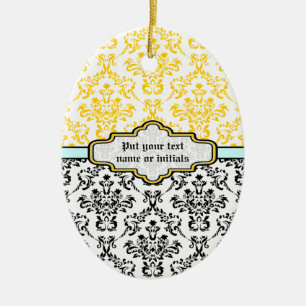 Damastpatroon zwart wit geel aqua ornament
