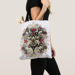 Damaststijl in rood, goud en zwart tote bag