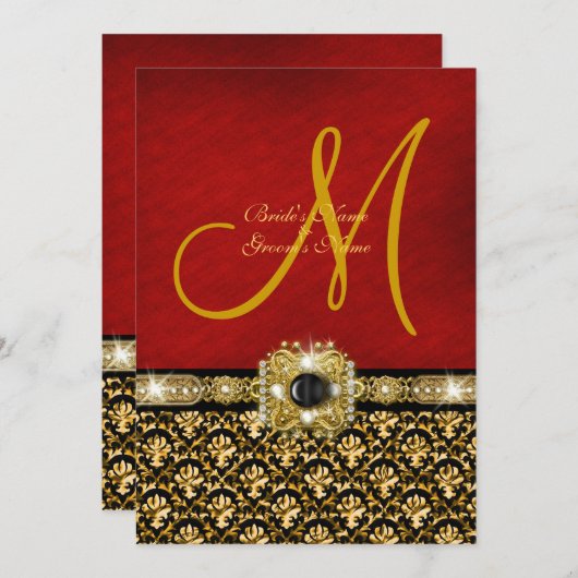 Damaszwart rood goud "elegante bruiloft" kaart (Voorkant / Achterkant)