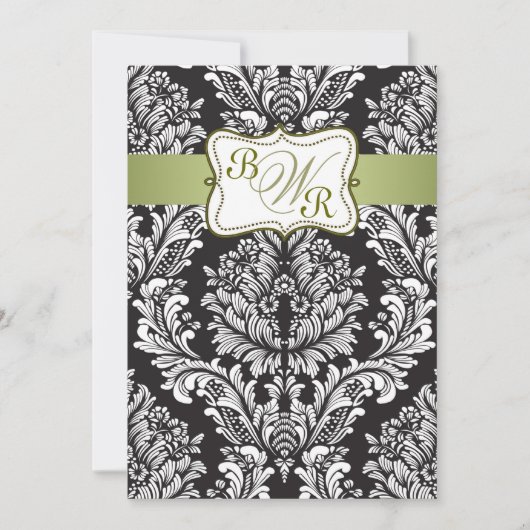 Damaszwart, wit en groen Monogrammen bruiloft Kaart (Voorkant)