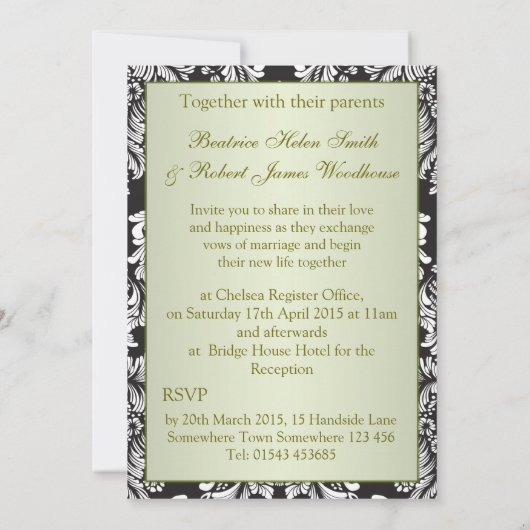 Damaszwart, wit en groen Monogrammen bruiloft Kaart (Achterkant)