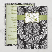 Damaszwart, wit en groen Monogrammen bruiloft Kaart (Voorkant / Achterkant)