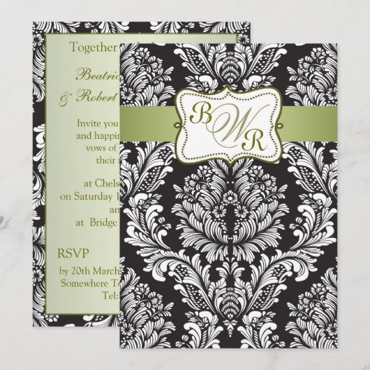 Damaszwart, wit en groen Monogrammen bruiloft Kaart (Voorkant / Achterkant)