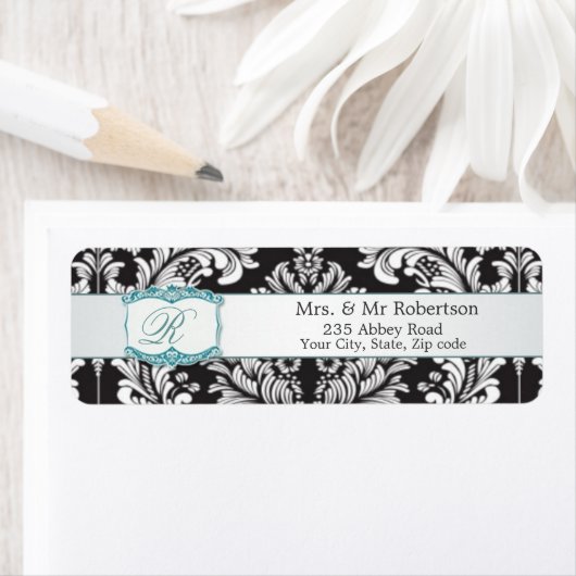 Damaszwart wit Monogram R Wedding Etiket (Insitu)