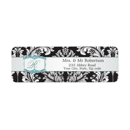 Damaszwart wit Monogram R Wedding Etiket (Voorkant)