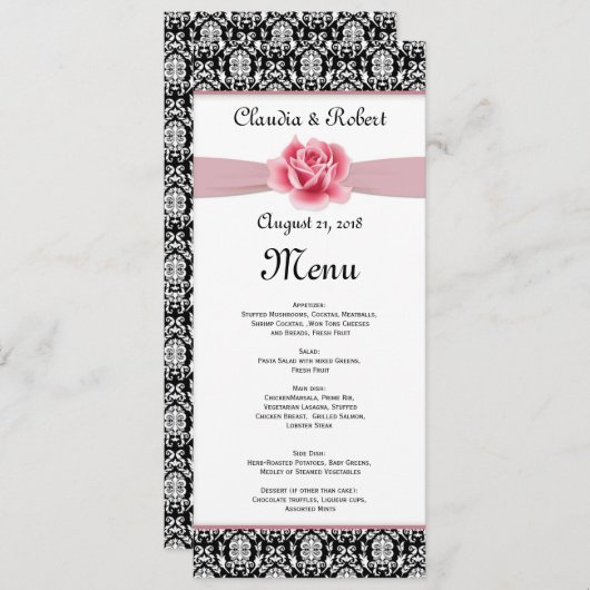 Damaszwart wit, roze roze roze roodroos Weddenscha Menu (Voorkant / Achterkant)