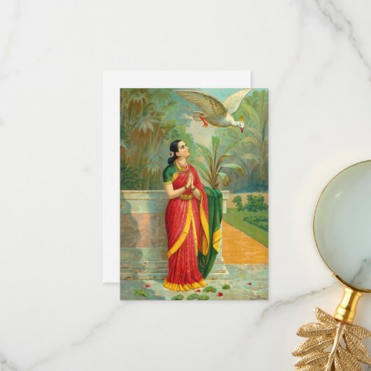 Damayanti en Swan door Raja Ravi Varma Bedankkaart (Voorkant / Achterkant in situ)